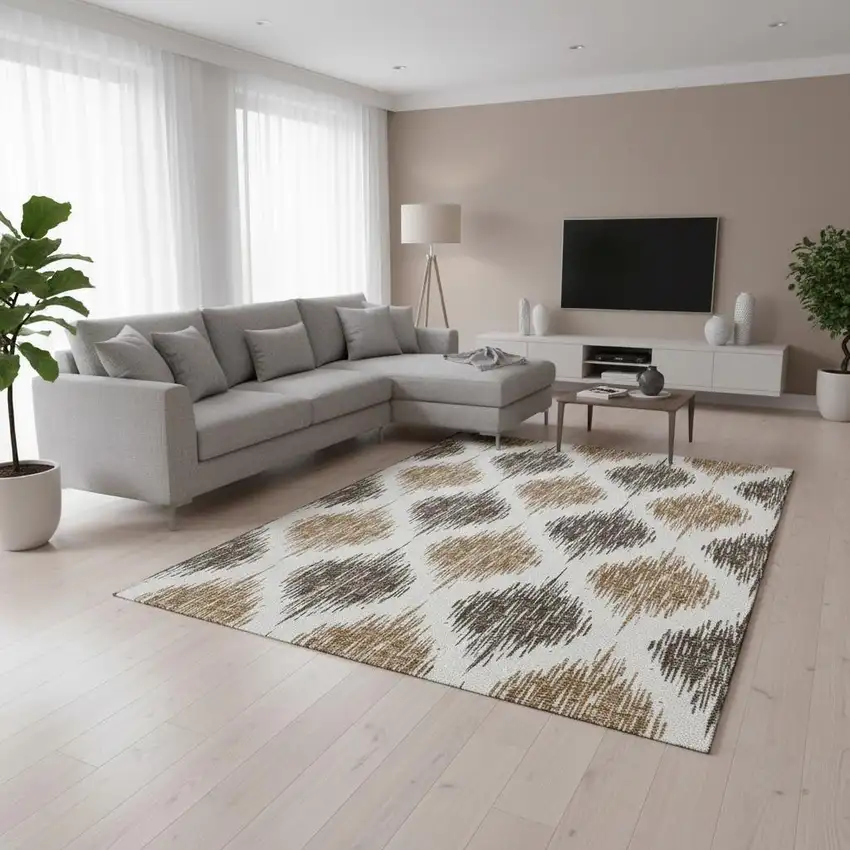 Chocolate And Ivory Ikat Washable Area Rug With UV Protection Photo 2