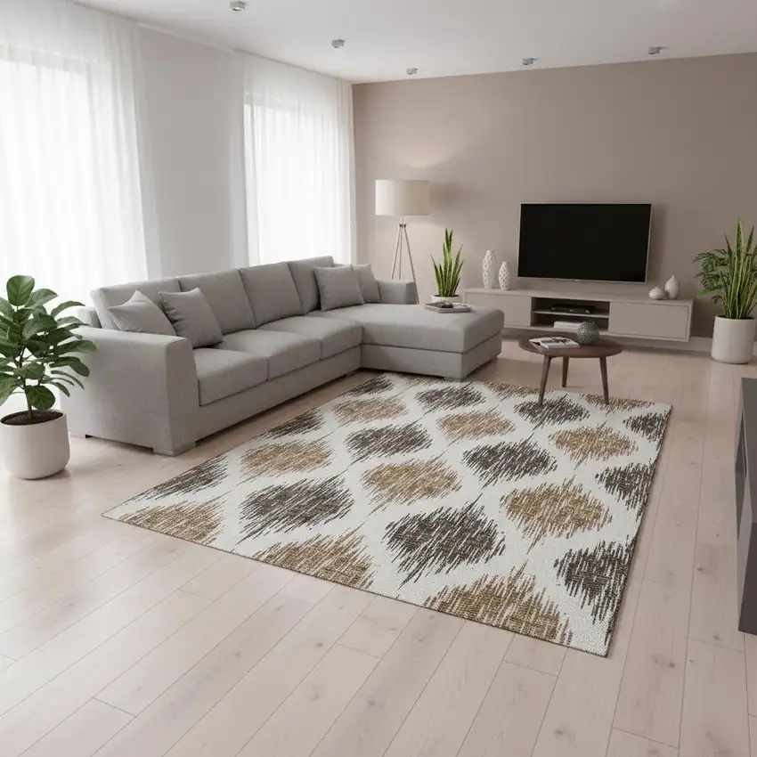 Chocolate And Ivory Ikat Washable Area Rug With UV Protection Photo 2