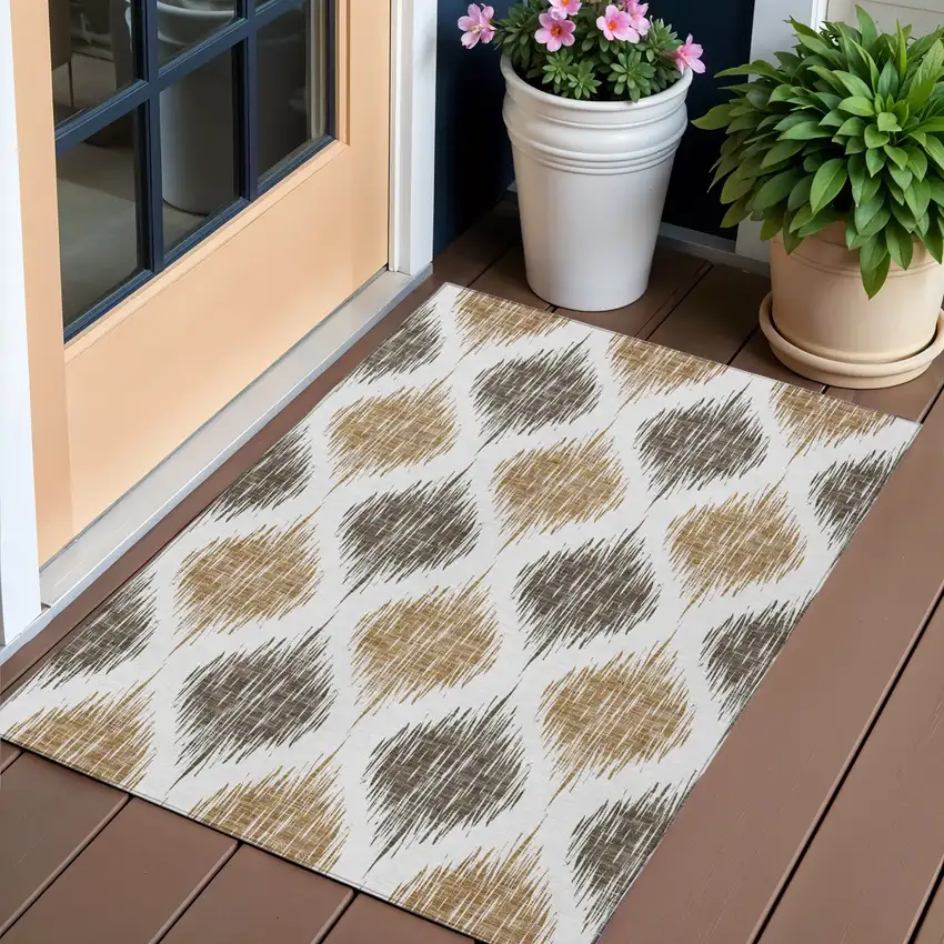 Chocolate And Ivory Ikat Washable Indoor Outdoor Area Rug Photo 1