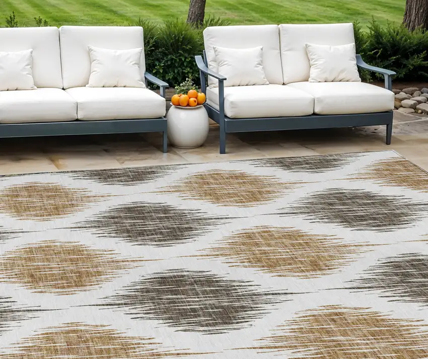Chocolate And Ivory Ikat Washable Indoor Outdoor Area Rug Photo 1