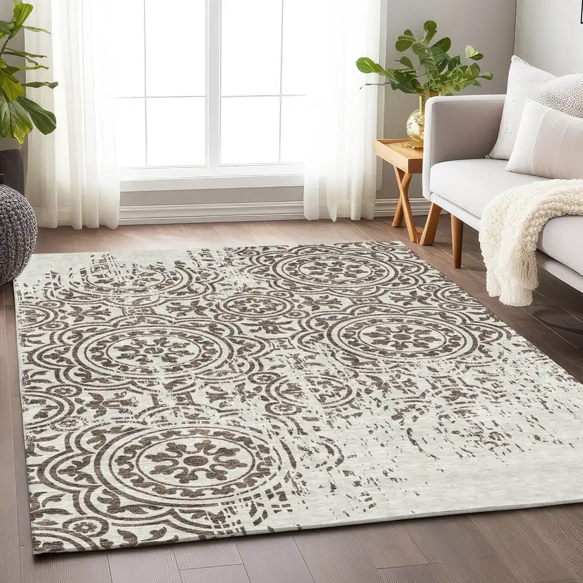 Chocolate And Ivory Medallion Washable Area Rug With UV Protection Photo 5