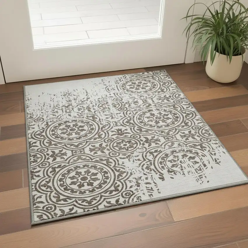 Chocolate And Ivory Medallion Washable Area Rug With UV Protection Photo 2