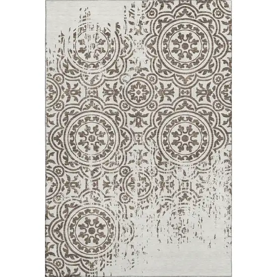 Chocolate And Ivory Medallion Washable Area Rug With UV Protection Photo 1