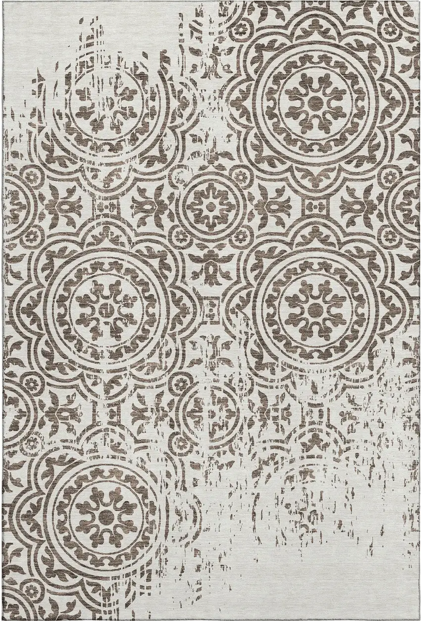 Chocolate And Ivory Medallion Washable Area Rug With UV Protection Photo 1