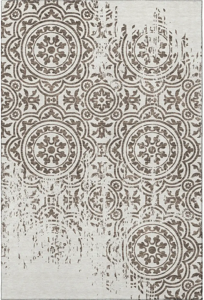 Chocolate And Ivory Medallion Washable Area Rug With UV Protection Photo 4