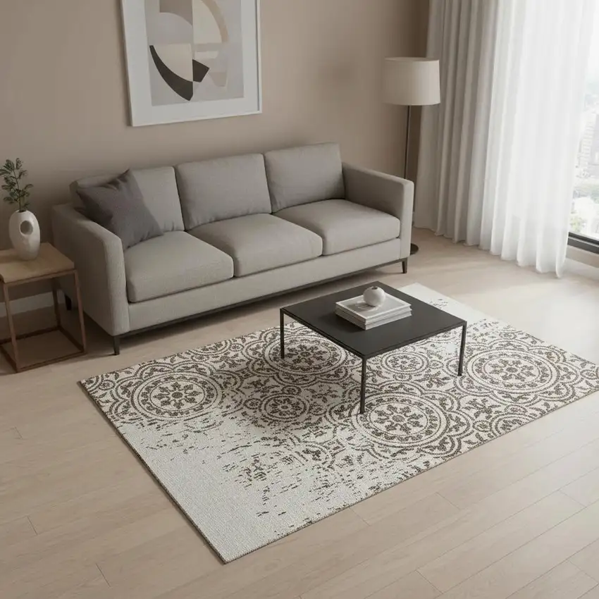 Chocolate And Ivory Medallion Washable Area Rug With UV Protection Photo 2