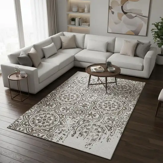 Chocolate And Ivory Medallion Washable Area Rug With UV Protection Photo 2