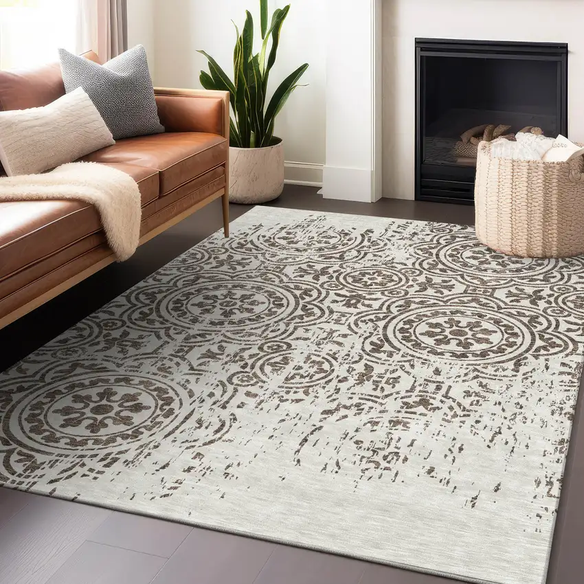 Chocolate And Ivory Medallion Washable Area Rug With UV Protection Photo 6