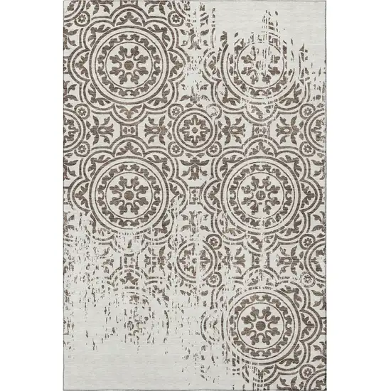 Chocolate And Ivory Medallion Washable Area Rug With UV Protection Photo 4