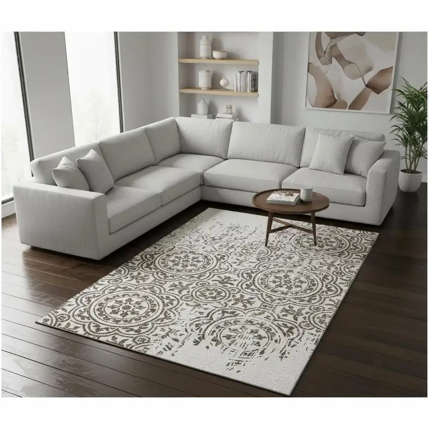 Chocolate And Ivory Medallion Washable Area Rug With UV Protection Photo 2