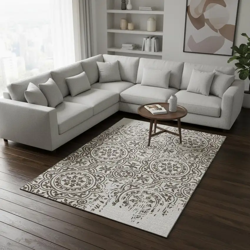 Chocolate And Ivory Medallion Washable Area Rug With UV Protection Photo 2