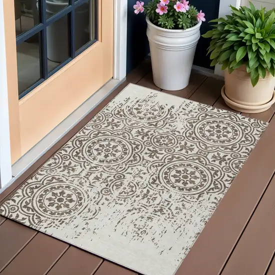 Chocolate And Ivory Medallion Washable Indoor Outdoor Area Rug Photo 1