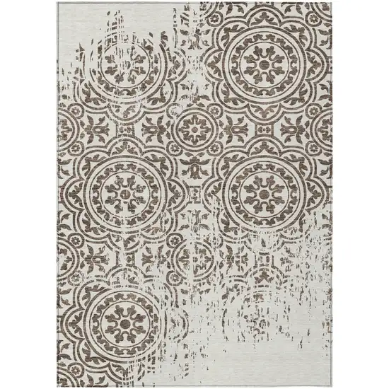 Chocolate And Ivory Medallion Washable Indoor Outdoor Area Rug Photo 2
