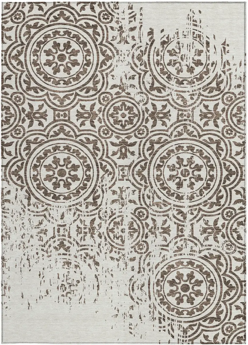 Chocolate And Ivory Medallion Washable Indoor Outdoor Area Rug Photo 6