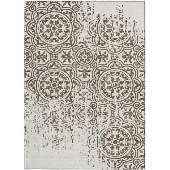 Chocolate And Ivory Medallion Washable Indoor Outdoor Area Rug Photo 6