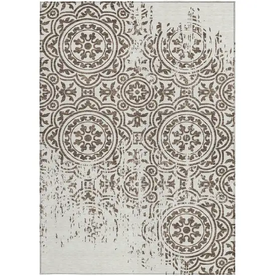 Chocolate And Ivory Medallion Washable Indoor Outdoor Area Rug Photo 6