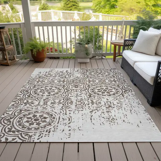 Chocolate And Ivory Medallion Washable Indoor Outdoor Area Rug Photo 7