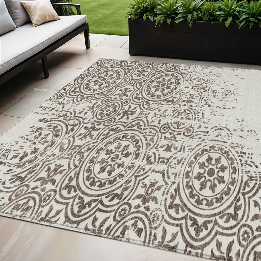 Chocolate And Ivory Medallion Washable Indoor Outdoor Area Rug Photo 1
