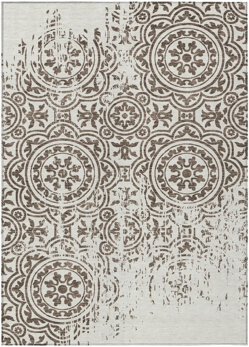 Chocolate And Ivory Medallion Washable Indoor Outdoor Area Rug Photo 1