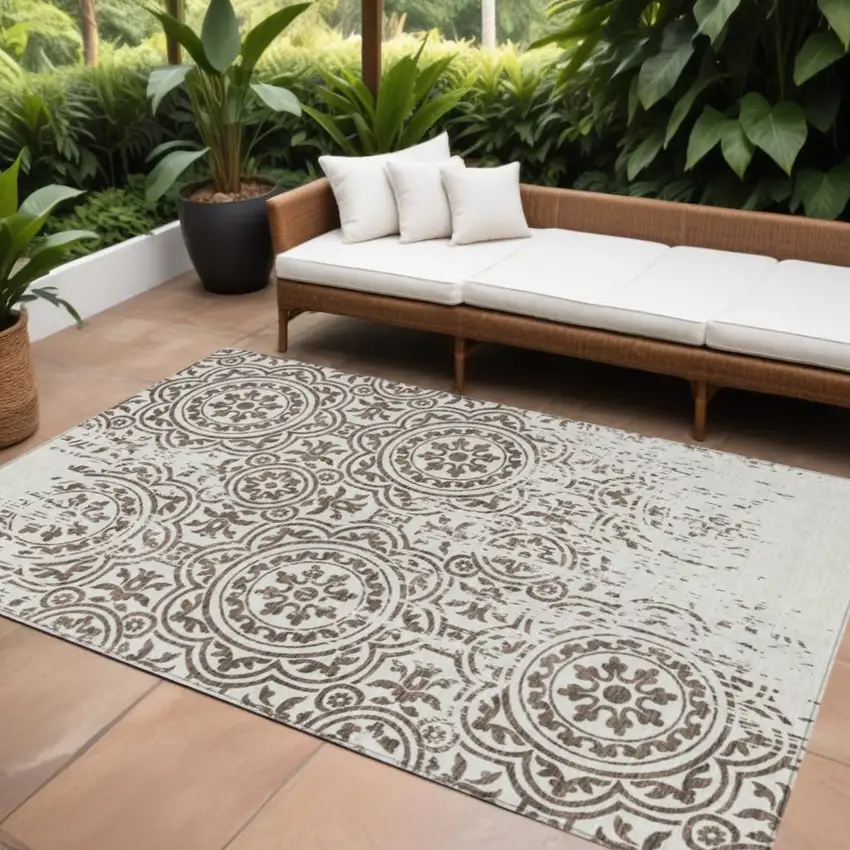Chocolate And Ivory Medallion Washable Indoor Outdoor Area Rug Photo 1