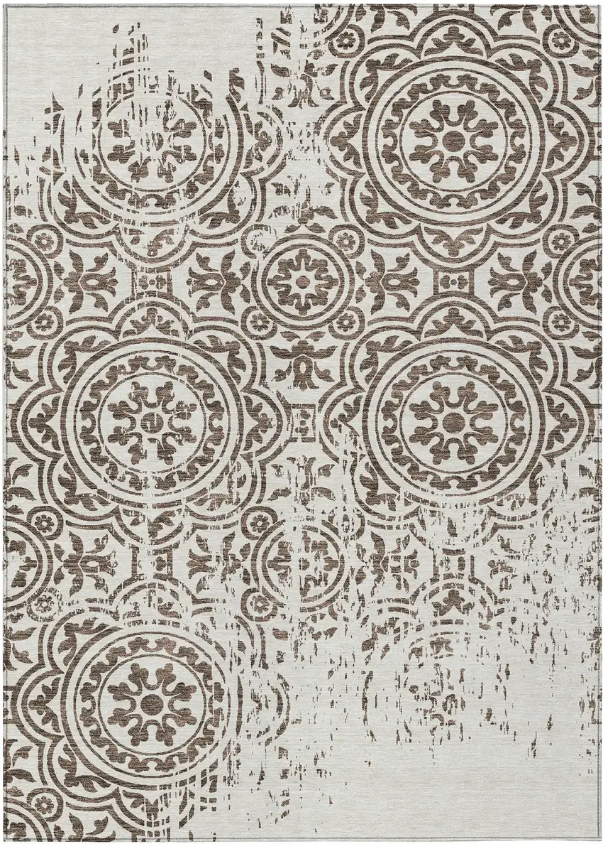 Chocolate And Ivory Medallion Washable Indoor Outdoor Area Rug Photo 1