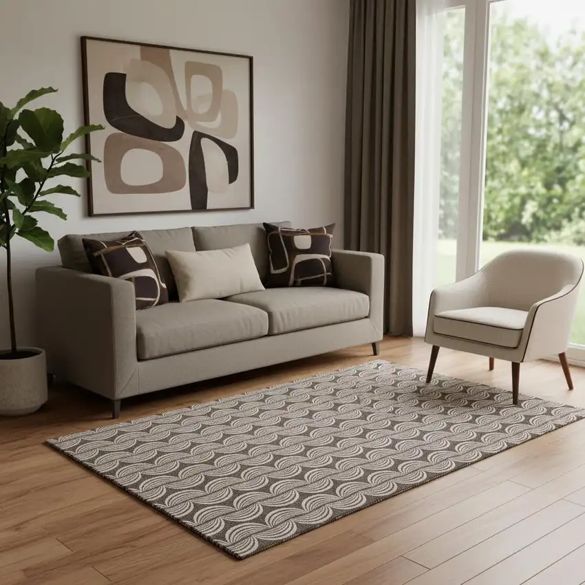Chocolate And Ivory Ogee Washable Area Rug With UV Protection Photo 2