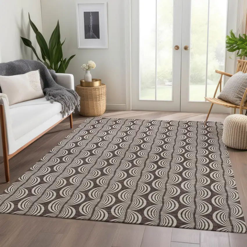 Chocolate And Ivory Ogee Washable Area Rug With UV Protection Photo 5
