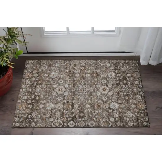 Chocolate And Ivory Oriental Washable Area Rug With UV Protection Photo 2