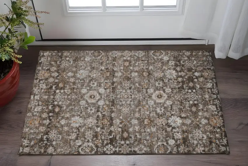 Chocolate And Ivory Oriental Washable Area Rug With UV Protection Photo 2