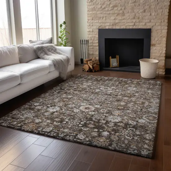 Chocolate And Ivory Oriental Washable Area Rug With UV Protection Photo 4