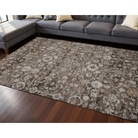 Chocolate And Ivory Oriental Washable Area Rug With UV Protection Photo 2