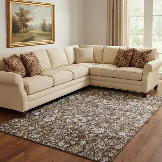 Chocolate And Ivory Oriental Washable Area Rug With UV Protection Photo 1