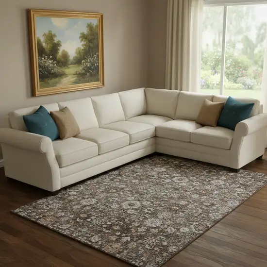 Chocolate And Ivory Oriental Washable Area Rug With UV Protection Photo 1