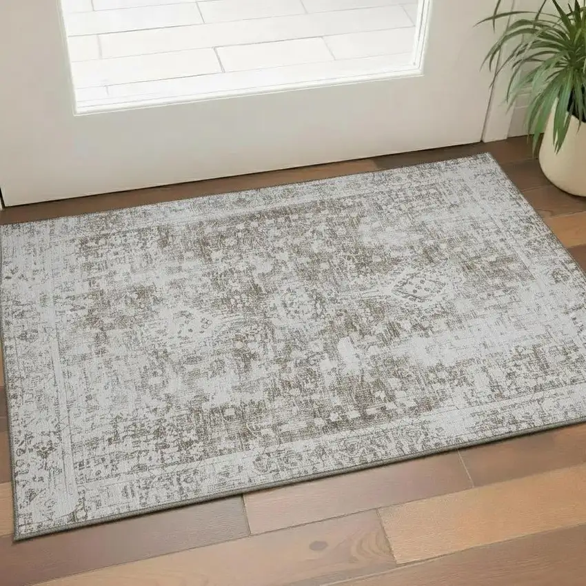 Chocolate And Ivory Oriental Washable Area Rug With UV Protection Photo 1