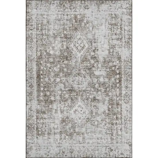 Chocolate And Ivory Oriental Washable Area Rug With UV Protection Photo 1