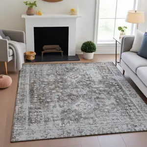 Photo of Chocolate And Ivory Oriental Washable Area Rug With UV Protection