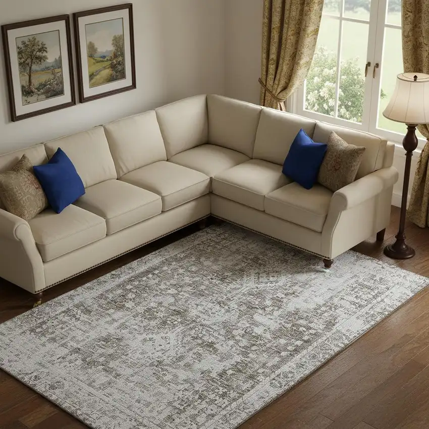 Chocolate And Ivory Oriental Washable Area Rug With UV Protection Photo 2