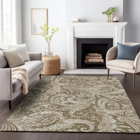 Chocolate And Ivory Paisley Washable Area Rug With UV Protection Photo 5