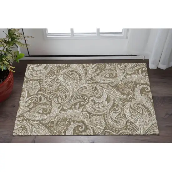 Chocolate And Ivory Paisley Washable Area Rug With UV Protection Photo 2