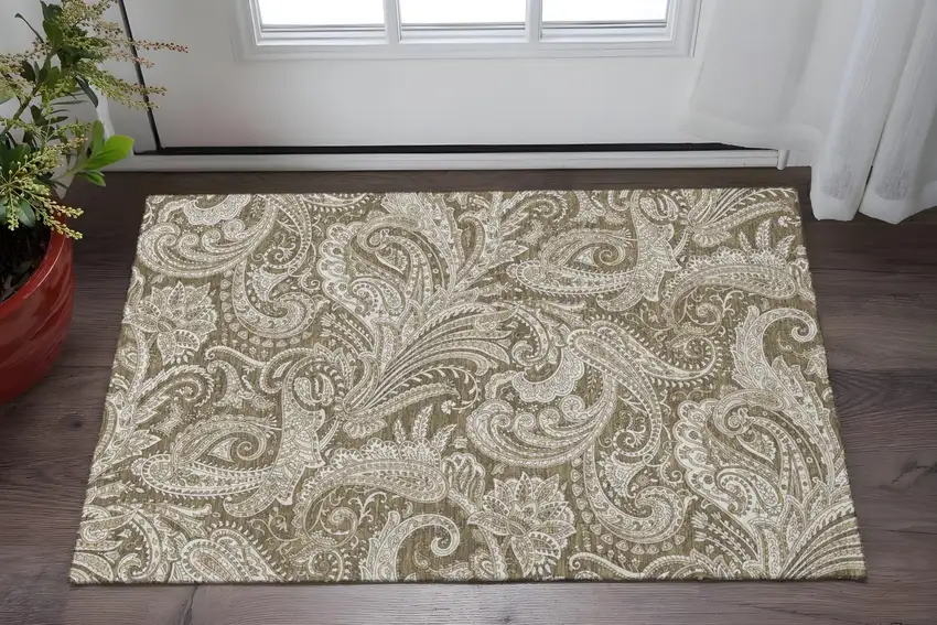 Chocolate And Ivory Paisley Washable Area Rug With UV Protection Photo 2