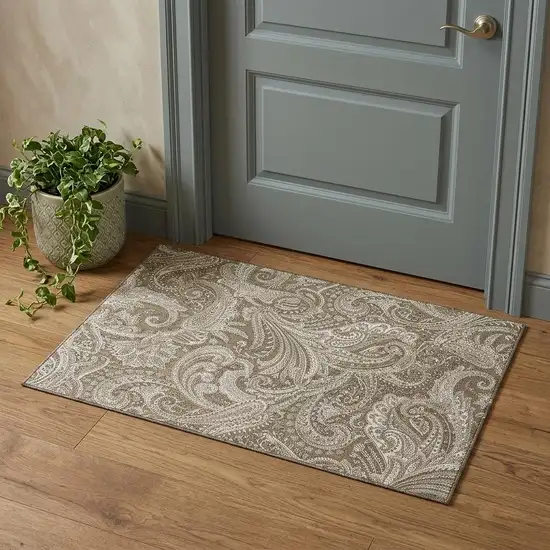 Chocolate And Ivory Paisley Washable Area Rug With UV Protection Photo 1