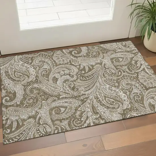 Chocolate And Ivory Paisley Washable Area Rug With UV Protection Photo 1