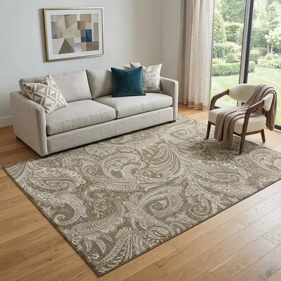 Chocolate And Ivory Paisley Washable Area Rug With UV Protection Photo 1