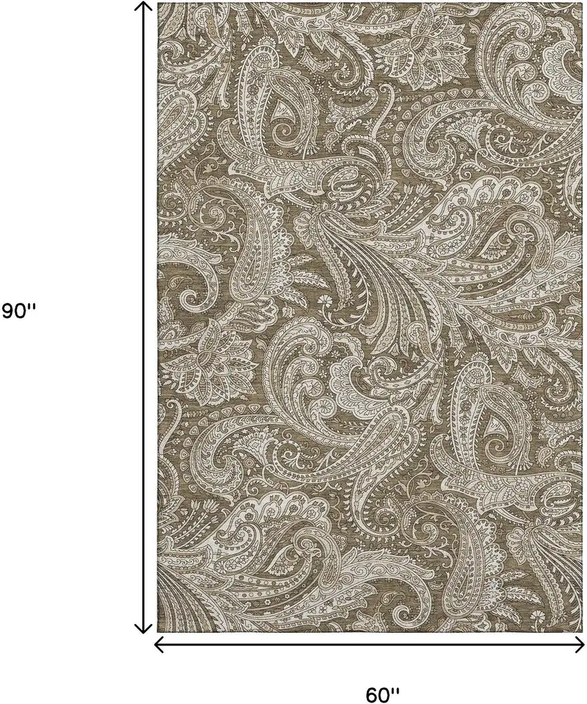 Chocolate And Ivory Paisley Washable Area Rug With UV Protection Photo 5