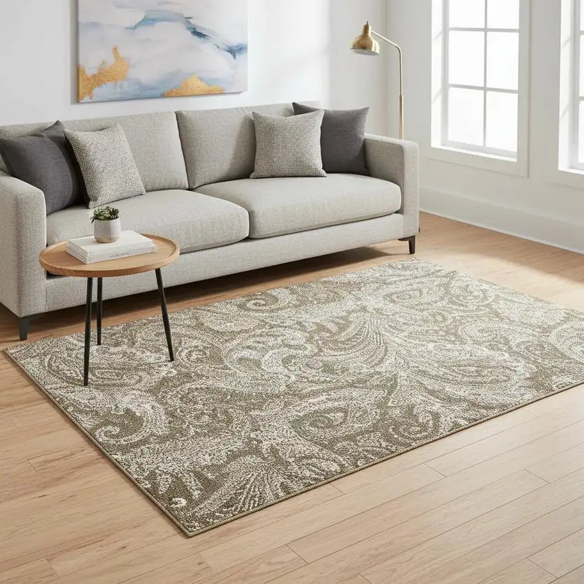 Chocolate And Ivory Paisley Washable Area Rug With UV Protection Photo 3