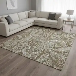 Photo of Chocolate And Ivory Paisley Washable Area Rug With UV Protection