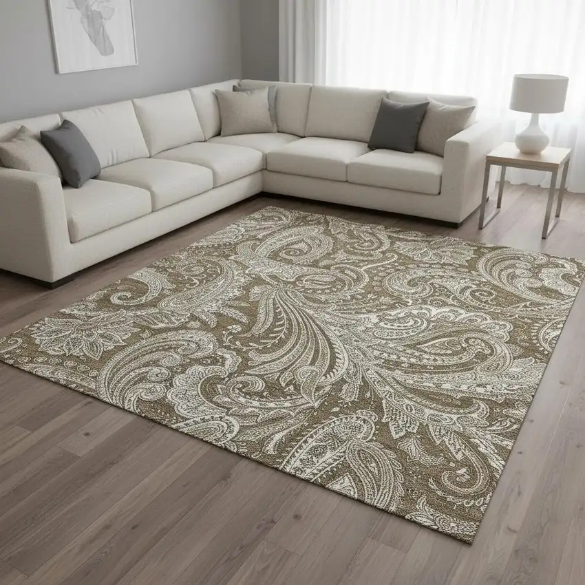 Chocolate And Ivory Paisley Washable Area Rug With UV Protection Photo 1