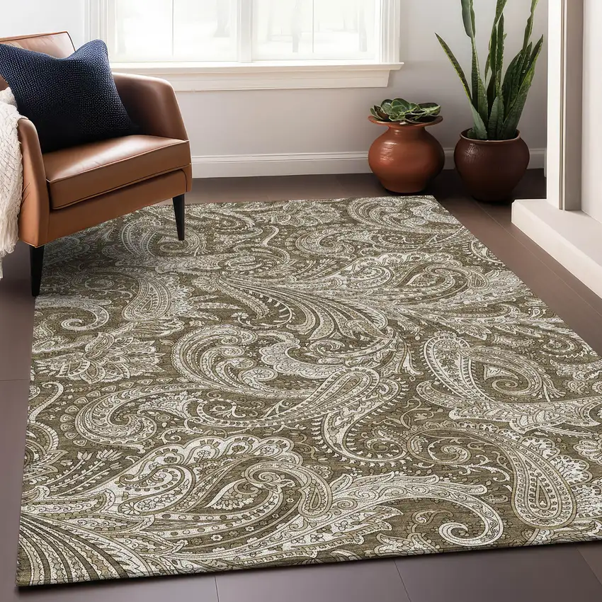 Chocolate And Ivory Paisley Washable Area Rug With UV Protection Photo 3