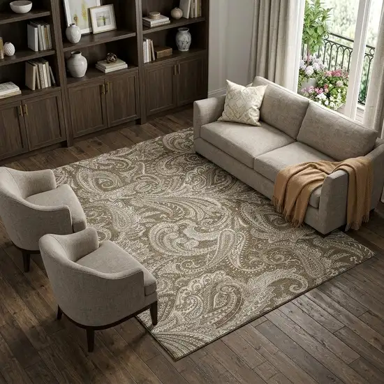 Chocolate And Ivory Paisley Washable Area Rug With UV Protection Photo 1