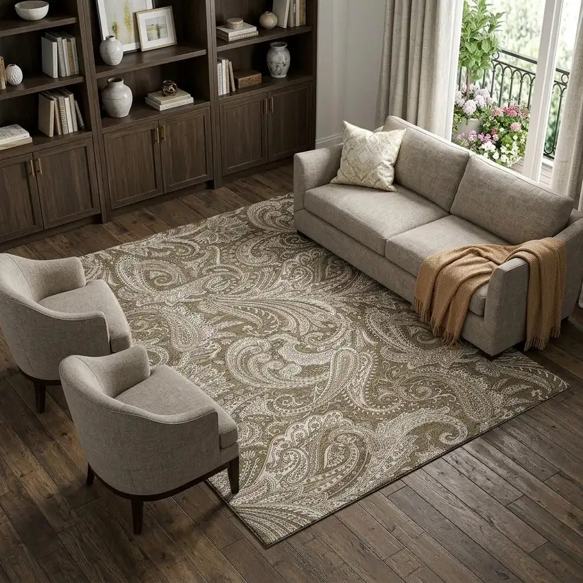 Chocolate And Ivory Paisley Washable Area Rug With UV Protection Photo 1